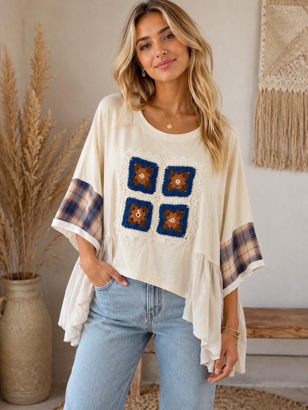 Oversized Cream Boho Crochet Patch Tunic Top (fits up to an XL) (091233) 🌼 ☮️